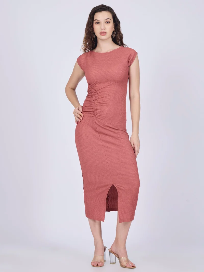 Outzidr Peach Peach Textured Knit Midi Dress for Women | Best Price UAE